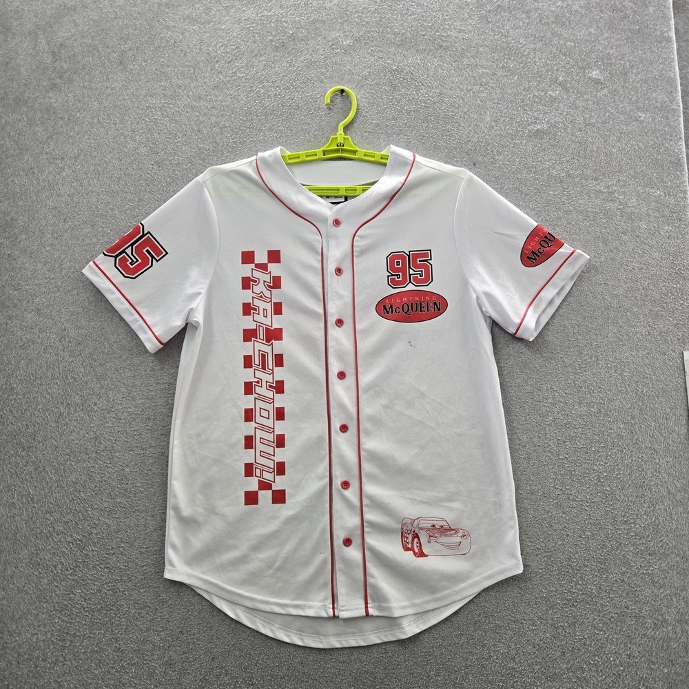 Disney Pixar Cars Men Jersey M White Graphic Lightning Mcqueen Baseball READ